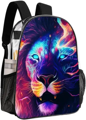 Men & Women Transparent Cool Lion In The Universe Surreal Style Art Backpack Large Capacity Bookbag With Smooth Zippers for Climbing Picnic Bicycle