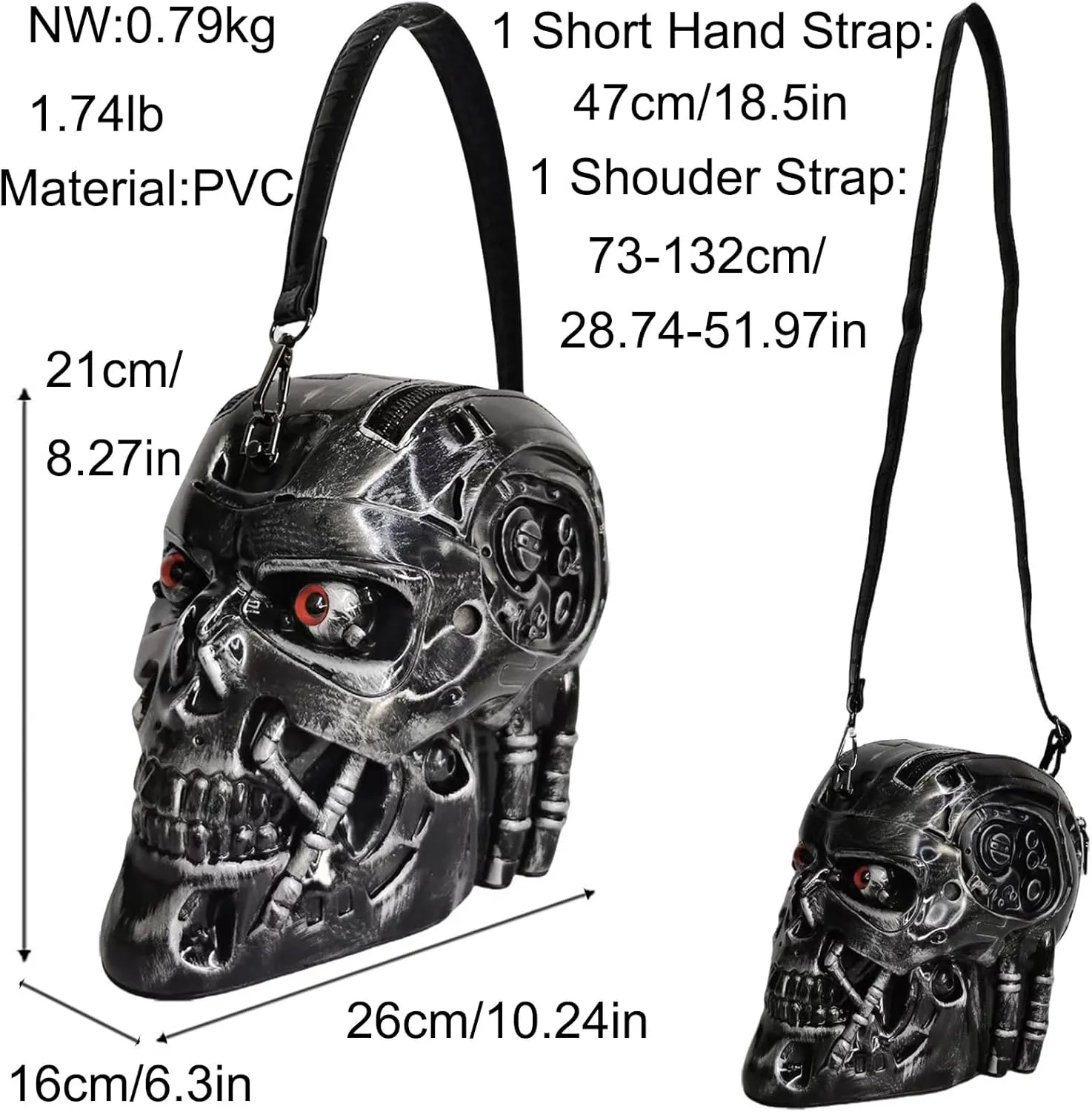Men and Women Skull Shaped Handbag Crossbody Shoulder Bag PVC Weird Horror Gothic Halloween Skull Purse