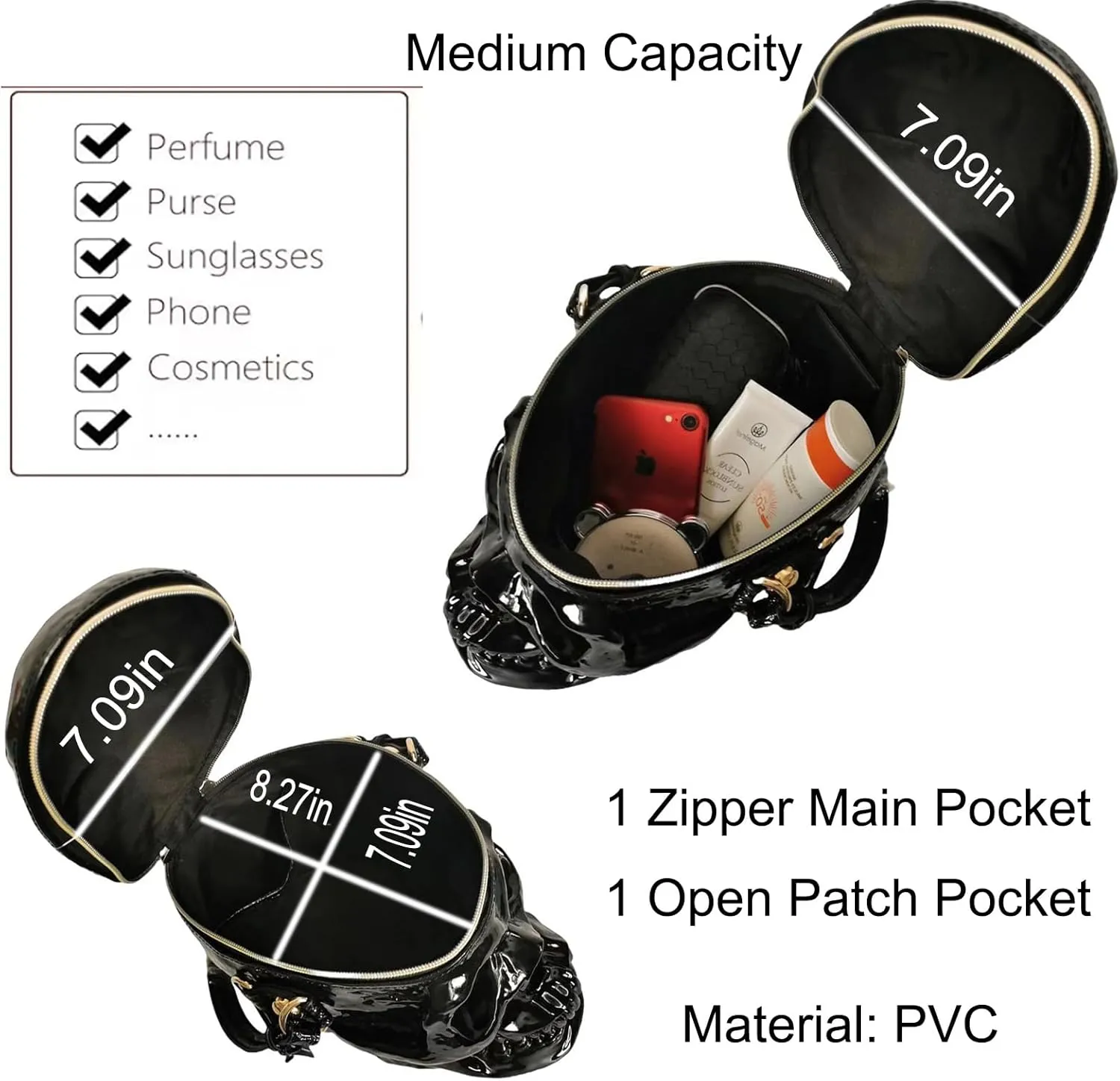 Men and Women Skull Shaped Handbag Crossbody Shoulder Bag PVC Weird Horror Gothic Halloween Skull Purse