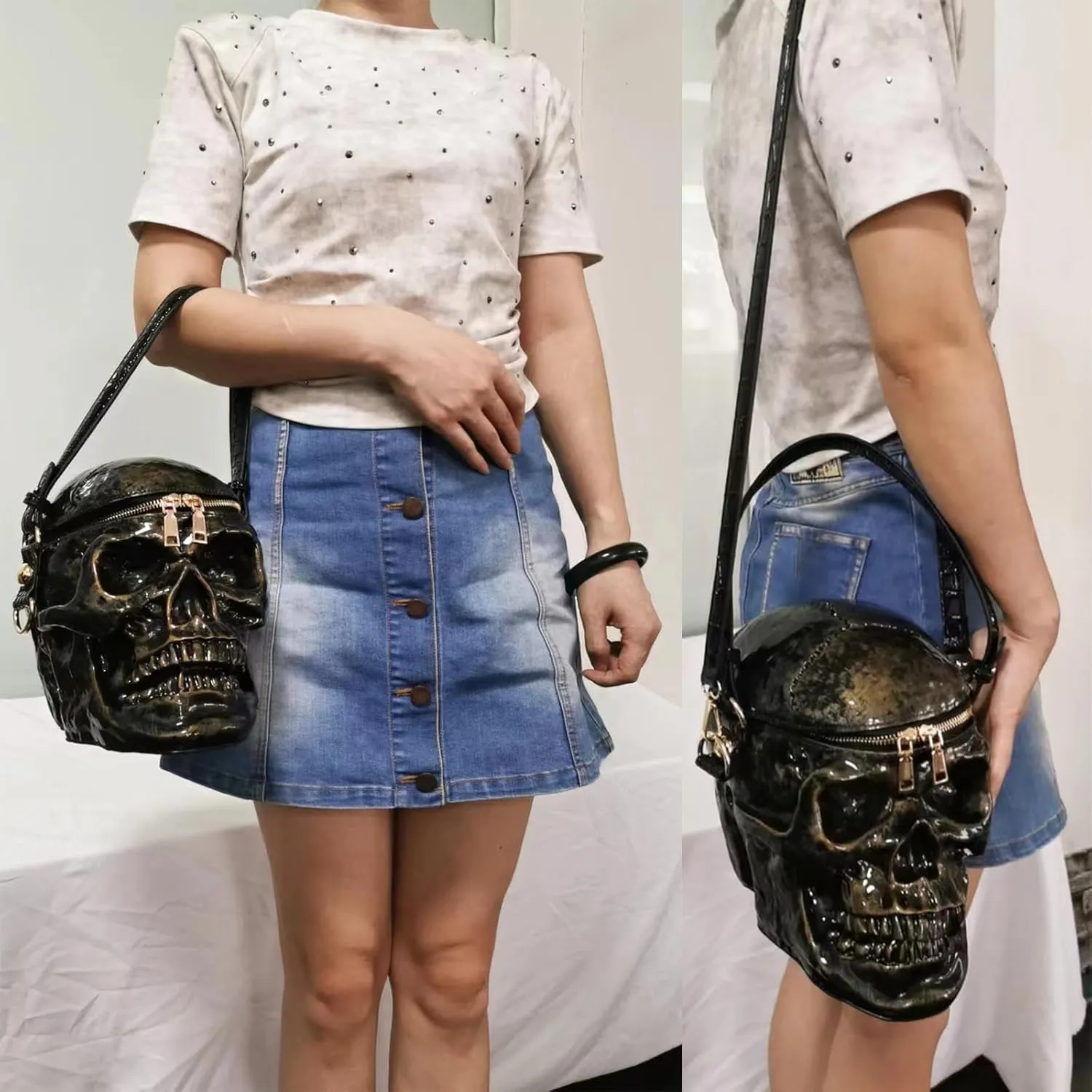 Men and Women Skull Shaped Handbag Crossbody Shoulder Bag PVC Weird Horror Gothic Halloween Skull Purse