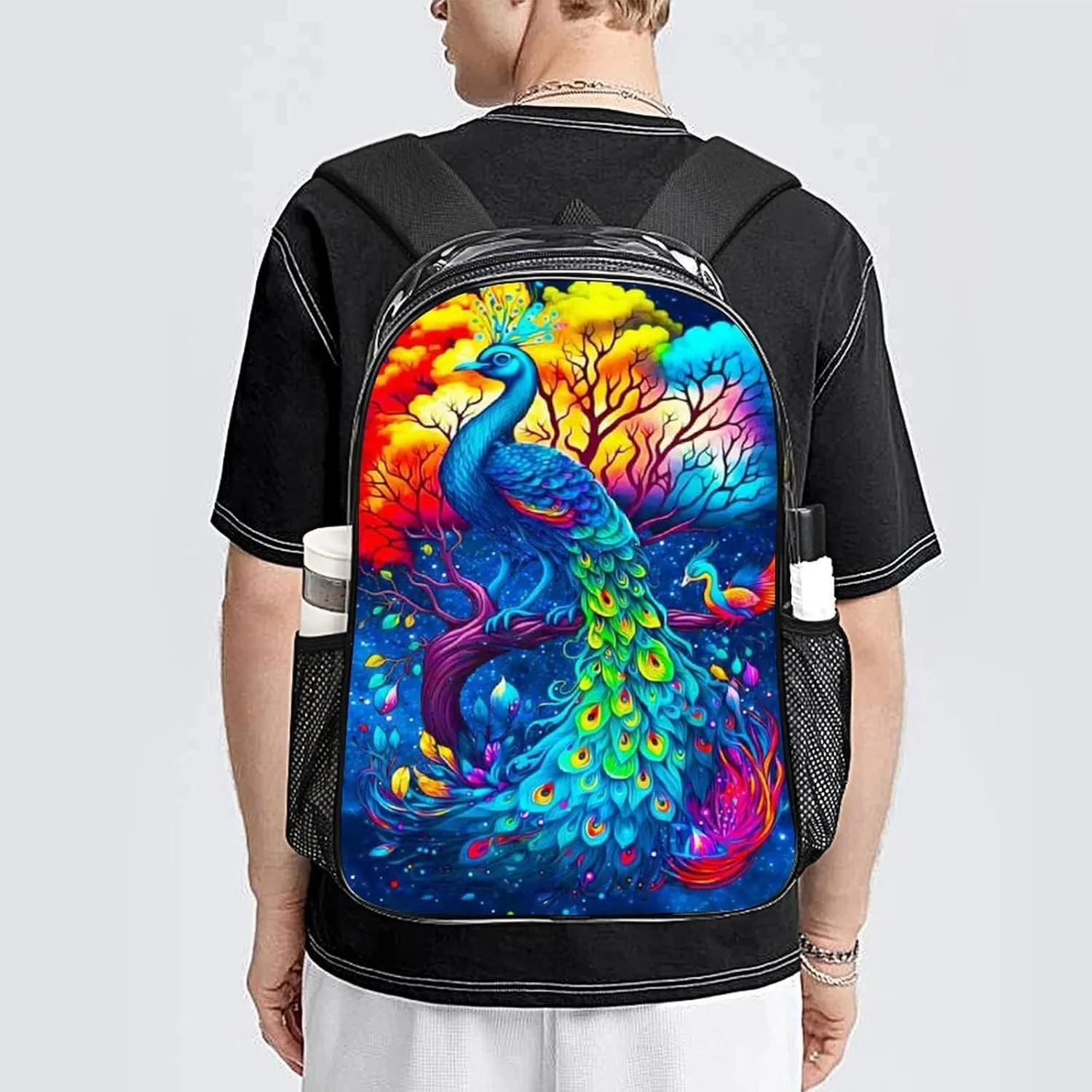 Men Women Lightweight Beautiful Peacock Watercolor Art Backpack Large Capacity Carry On Bag Transparent Bag for Sports Work Walking Cycling