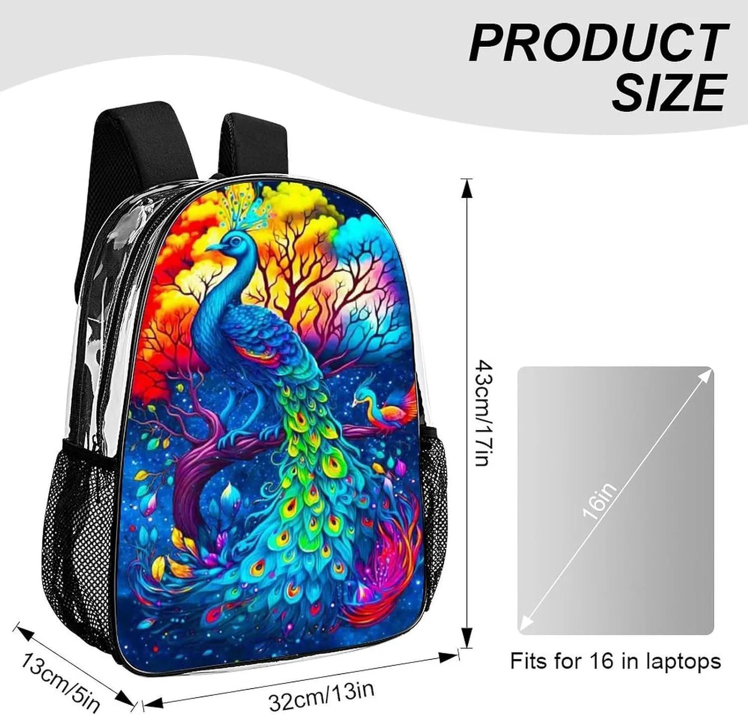 Men Women Lightweight Beautiful Peacock Watercolor Art Backpack Large Capacity Carry On Bag Transparent Bag for Sports Work Walking Cycling
