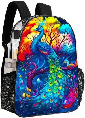 Men Women Lightweight Beautiful Peacock Watercolor Art Backpack Large Capacity Carry On Bag Transparent Bag for Sports Work Walking Cycling