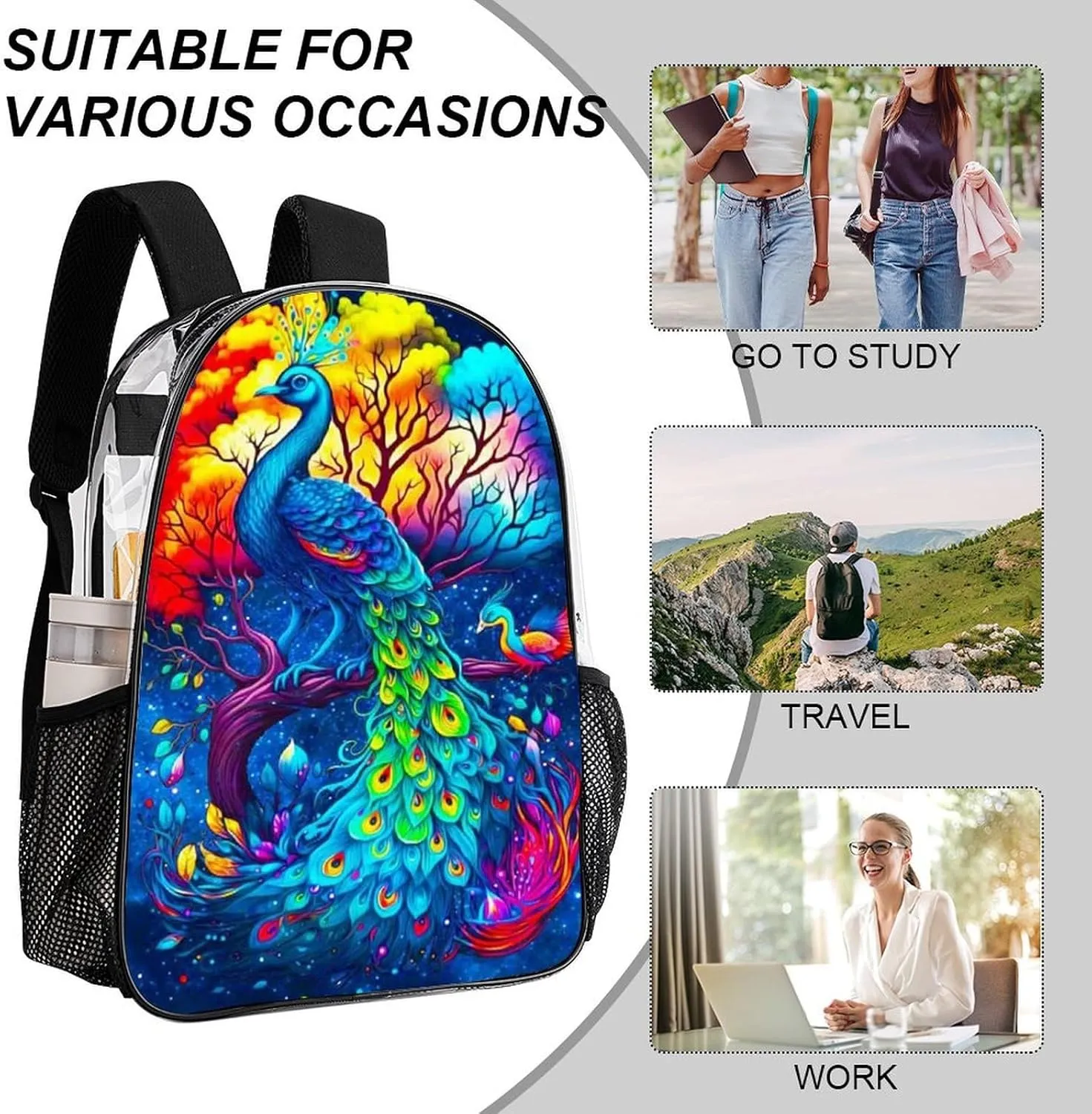 Men Women Lightweight Beautiful Peacock Watercolor Art Backpack Large Capacity Carry On Bag Transparent Bag for Sports Work Walking Cycling