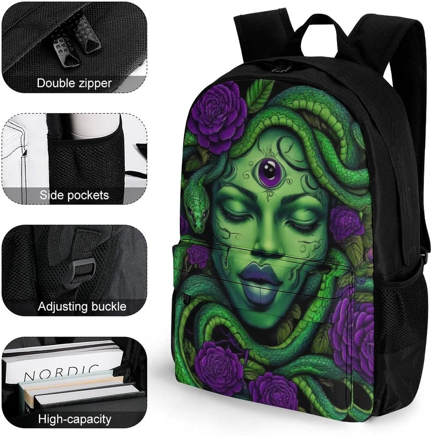 Men Women Lightweight Greek Goddess Snake Queen Medusa With Purple Rose Art Backpack Large Capacity Carry On Bag With Padded Straps for Sports Work Walking Cycling