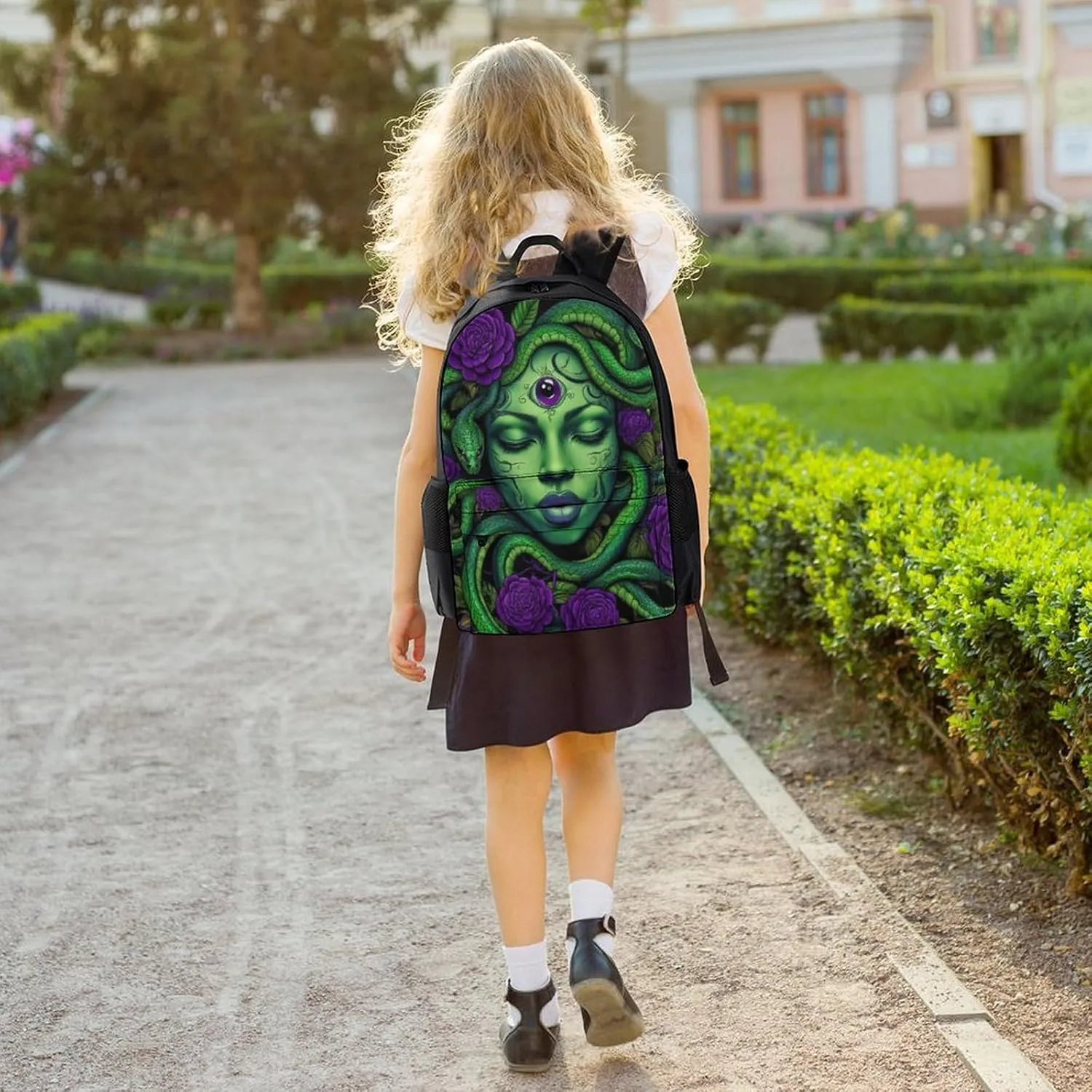 Men Women Lightweight Greek Goddess Snake Queen Medusa With Purple Rose Art Backpack Large Capacity Carry On Bag With Padded Straps for Sports Work Walking Cycling