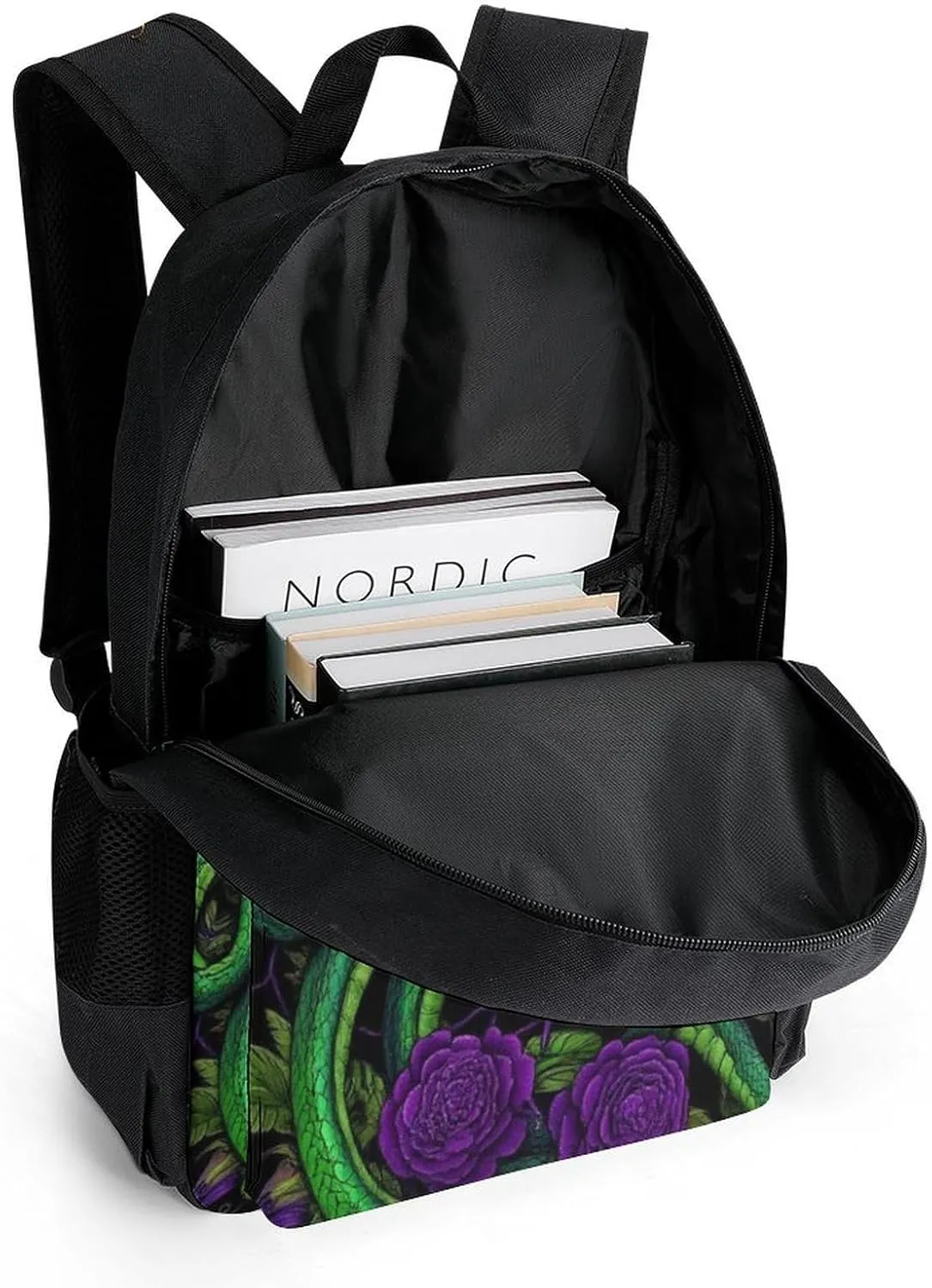 Men Women Lightweight Greek Goddess Snake Queen Medusa With Purple Rose Art Backpack Large Capacity Carry On Bag With Padded Straps for Sports Work Walking Cycling