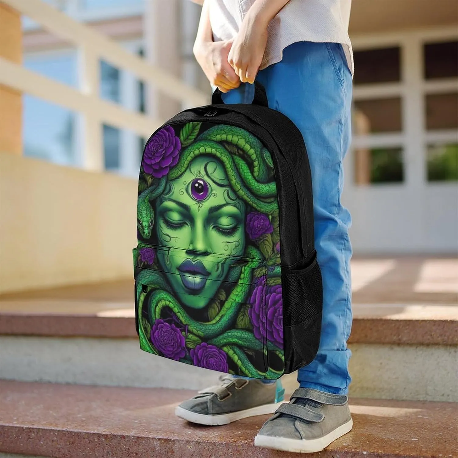 Men Women Lightweight Greek Goddess Snake Queen Medusa With Purple Rose Art Backpack Large Capacity Carry On Bag With Padded Straps for Sports Work Walking Cycling