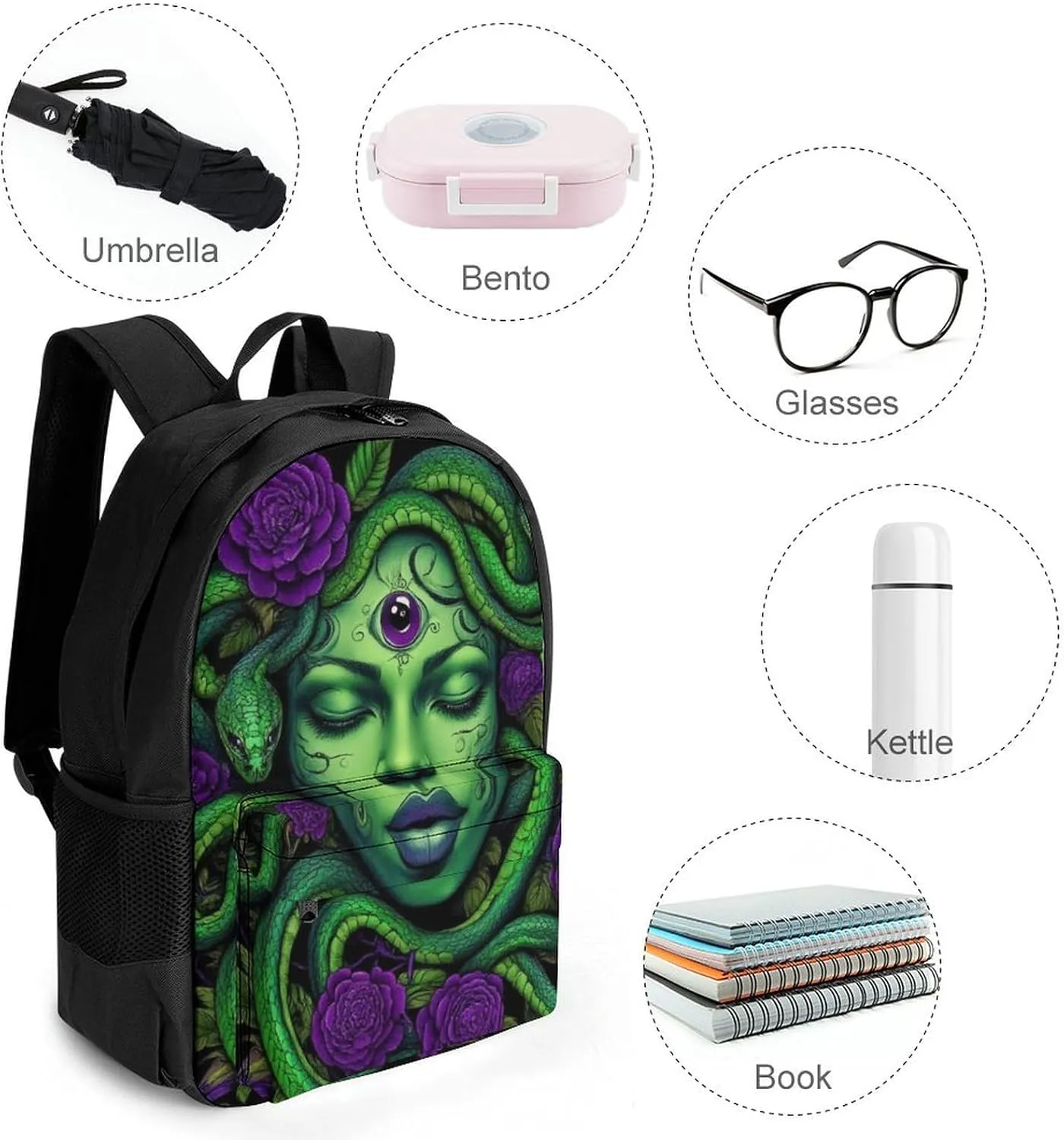 Men Women Lightweight Greek Goddess Snake Queen Medusa With Purple Rose Art Backpack Large Capacity Carry On Bag With Padded Straps for Sports Work Walking Cycling