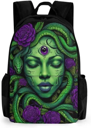 Men Women Lightweight Greek Goddess Snake Queen Medusa With Purple Rose Art Backpack Large Capacity Carry On Bag With Padded Straps for Sports Work Walking Cycling