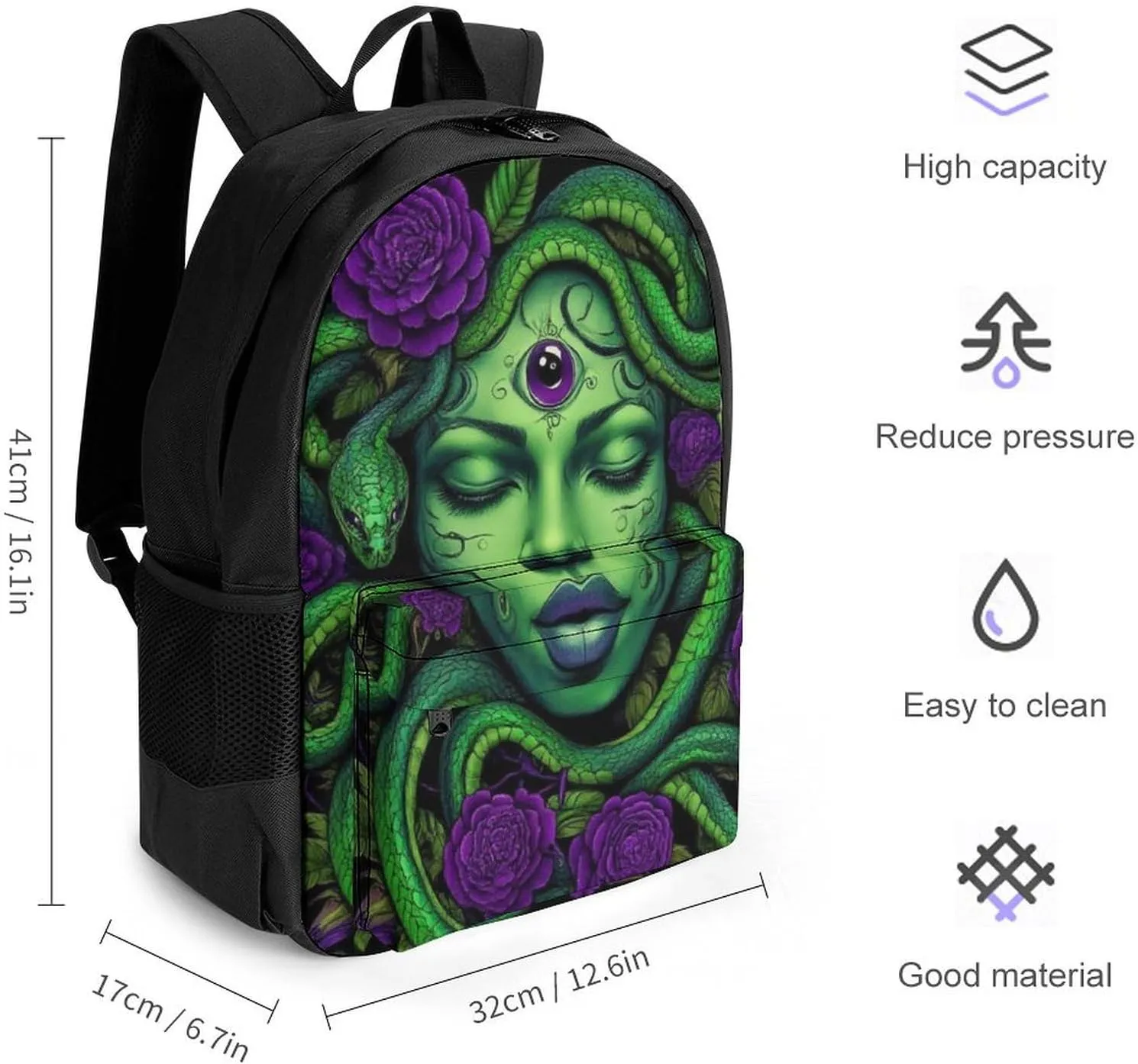 Men Women Lightweight Greek Goddess Snake Queen Medusa With Purple Rose Art Backpack Large Capacity Carry On Bag With Padded Straps for Sports Work Walking Cycling