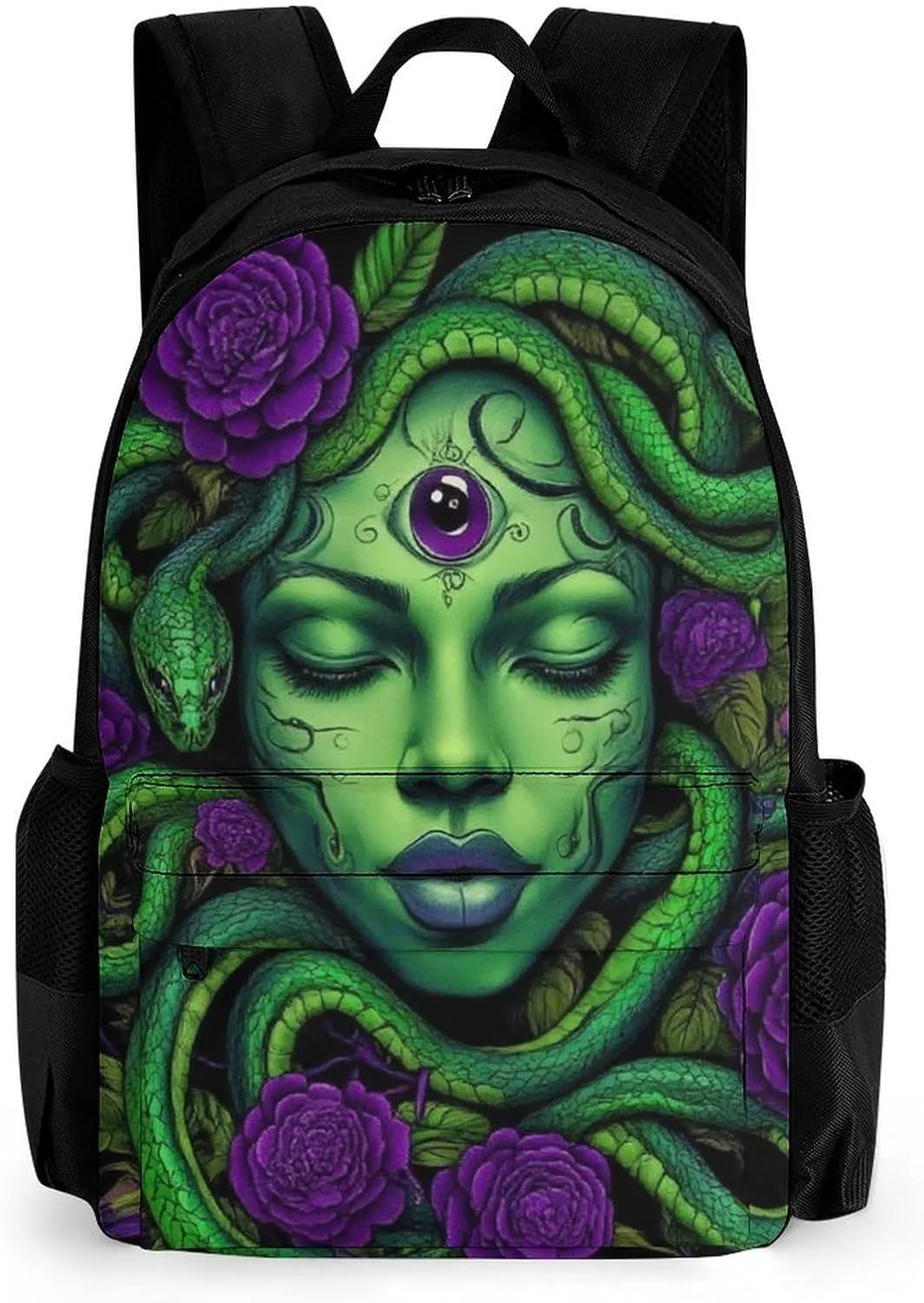 Men Women Lightweight Greek Goddess Snake Queen Medusa With Purple Rose Art Backpack Large Capacity Carry On Bag With Padded Straps for Sports Work Walking Cycling