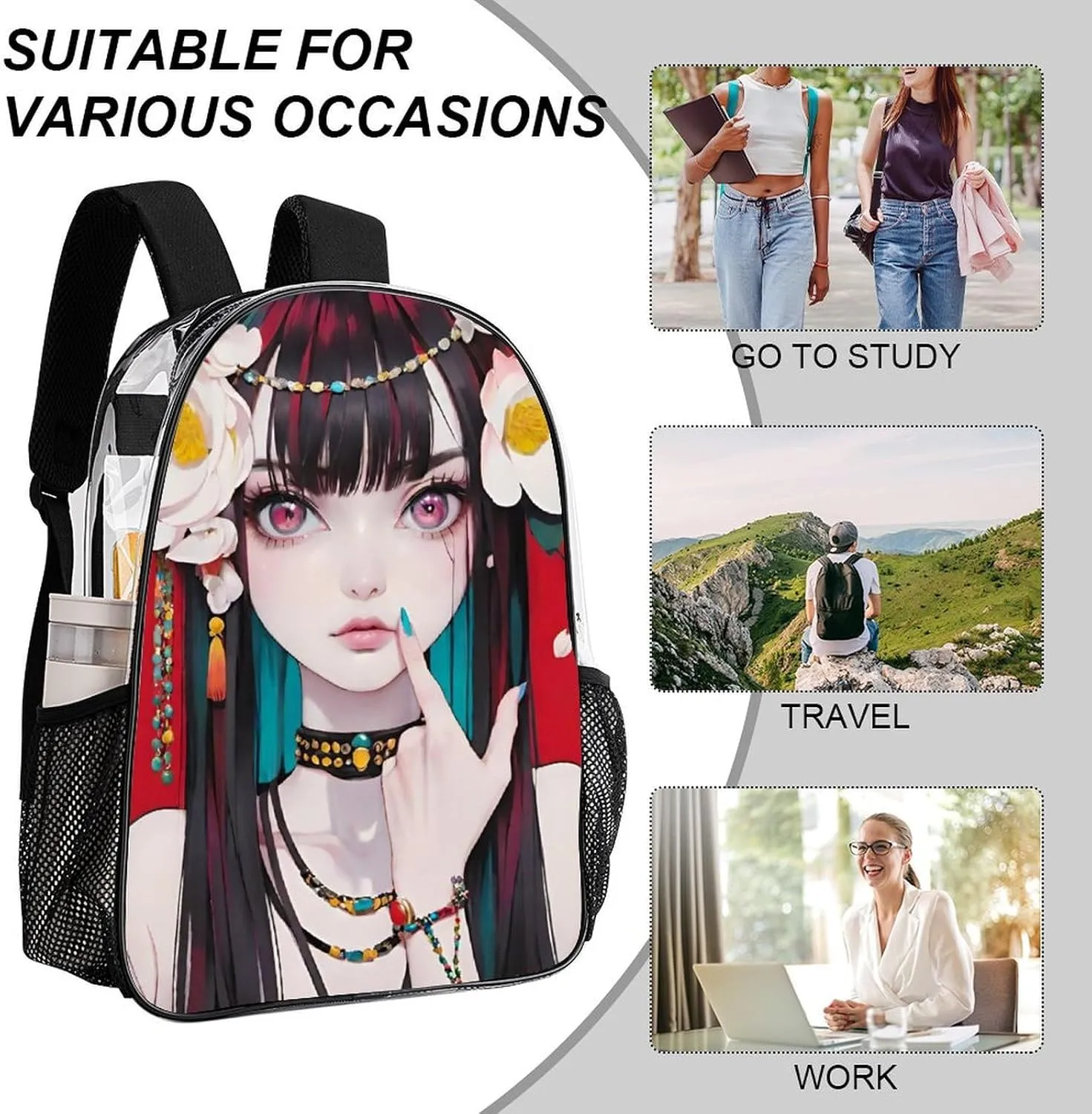 Men Women Lightweight Japanese Anime Women Art Backpack Large Capacity Carry On Bag Transparent Bag for Sports Work Walking Cycling