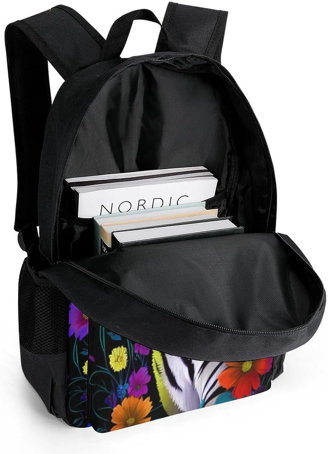 Men Women Polyester Trippy Tiger Animal Flower Art Daypack Backpack Large Capacity Carry On Bag With Smooth Zippers for Hiking Picnic Walking Cycling