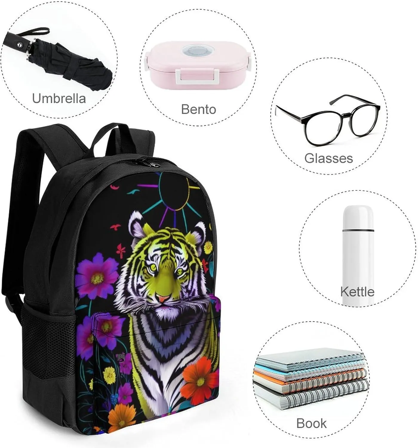 Men Women Polyester Trippy Tiger Animal Flower Art Daypack Backpack Large Capacity Carry On Bag With Smooth Zippers for Hiking Picnic Walking Cycling