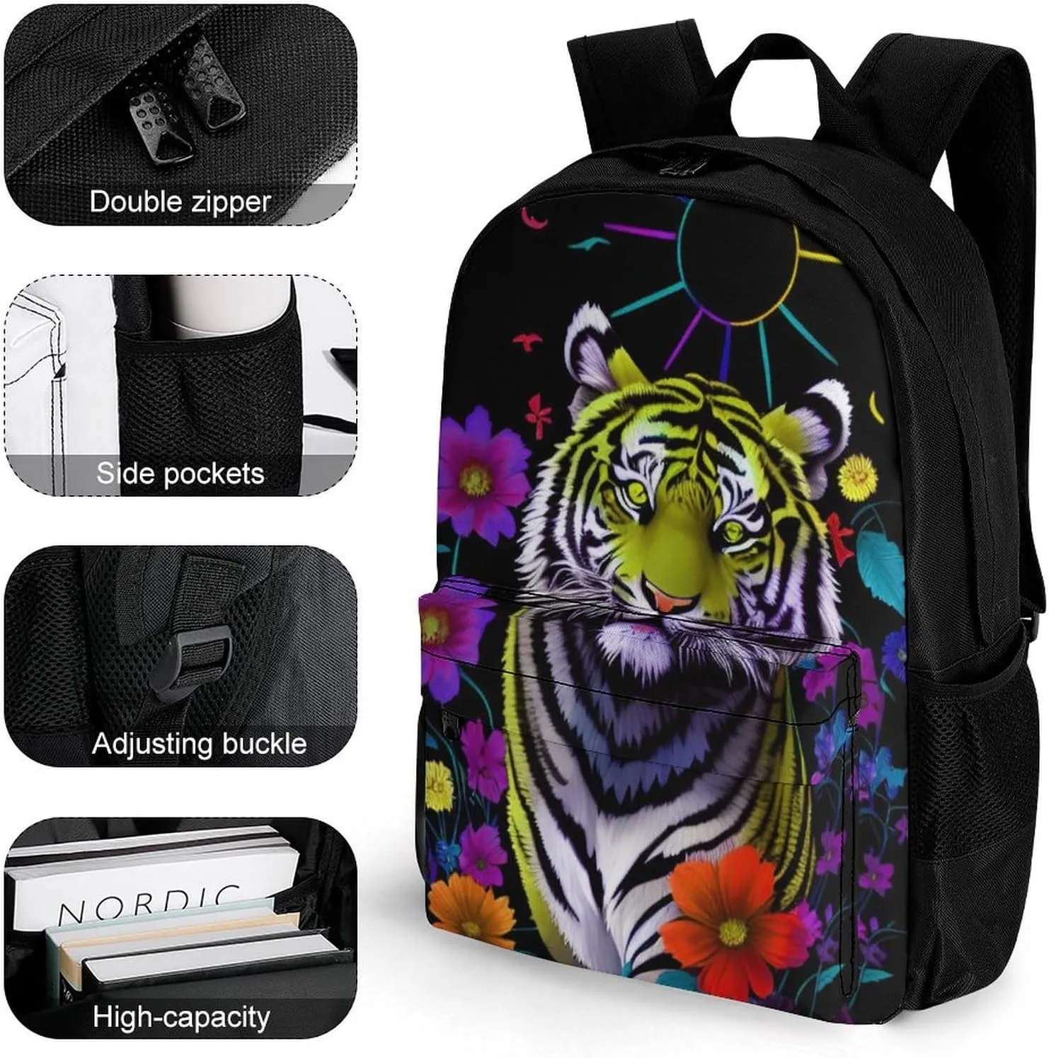 Men Women Polyester Trippy Tiger Animal Flower Art Daypack Backpack Large Capacity Carry On Bag With Smooth Zippers for Hiking Picnic Walking Cycling