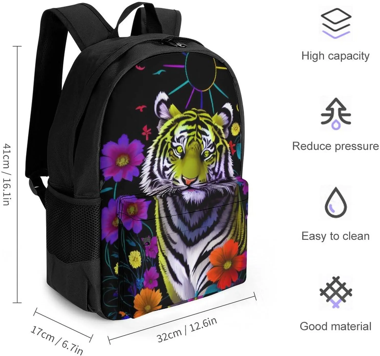 Men Women Polyester Trippy Tiger Animal Flower Art Daypack Backpack Large Capacity Carry On Bag With Smooth Zippers for Hiking Picnic Walking Cycling