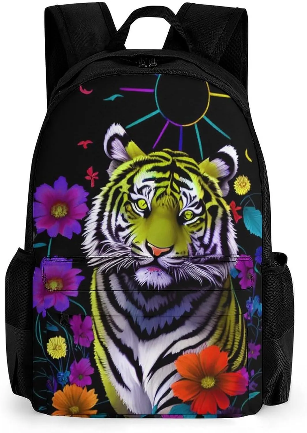 Men Women Polyester Trippy Tiger Animal Flower Art Daypack Backpack Large Capacity Carry On Bag With Smooth Zippers for Hiking Picnic Walking Cycling