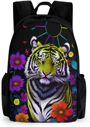 Men Women Polyester Trippy Tiger Animal Flower Art Daypack Backpack Large Capacity Carry On Bag With Smooth Zippers for Hiking Picnic Walking Cycling