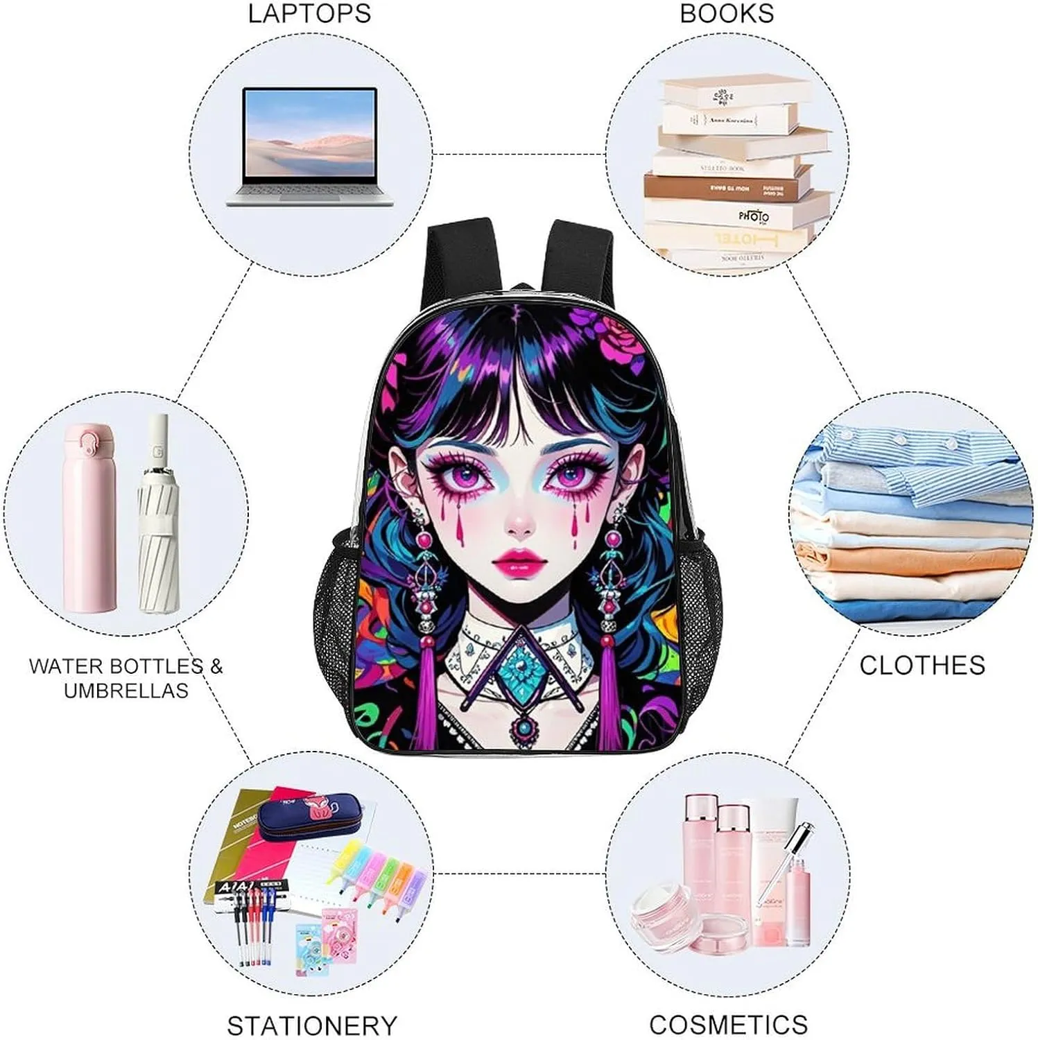 Men Women Transparent Cartoon Women Women Mystical Art Daypack Big Capacity Shoulder Bag With Smooth Zippers for Hiking Work Walking Cycling