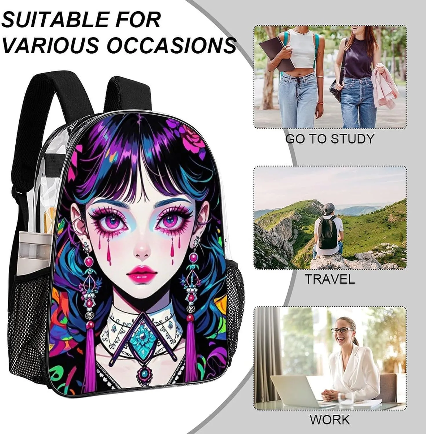 Men Women Transparent Cartoon Women Women Mystical Art Daypack Big Capacity Shoulder Bag With Smooth Zippers for Hiking Work Walking Cycling