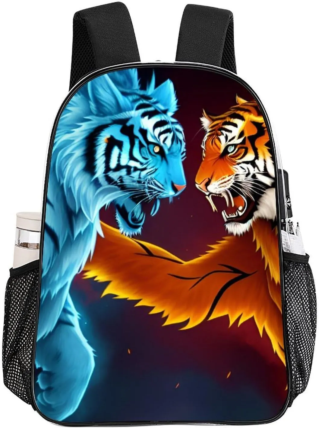 Men Women Transparent Ice And Fire Tiger Art Casual Daypack Large Capacity Carry On Bag With Adjustable Shoulder Straps for Camping Work Running