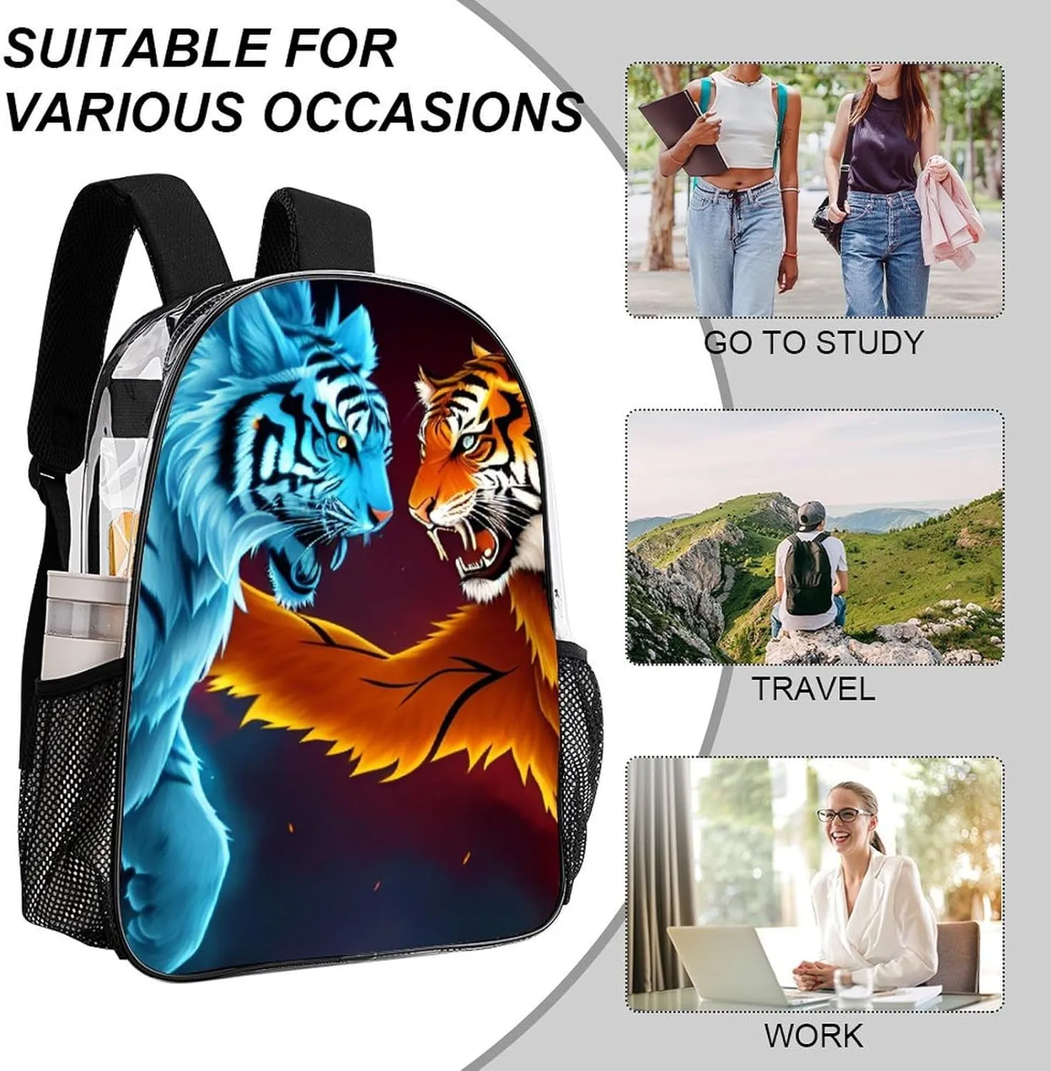 Men Women Transparent Ice And Fire Tiger Art Casual Daypack Large Capacity Carry On Bag With Adjustable Shoulder Straps for Camping Work Running