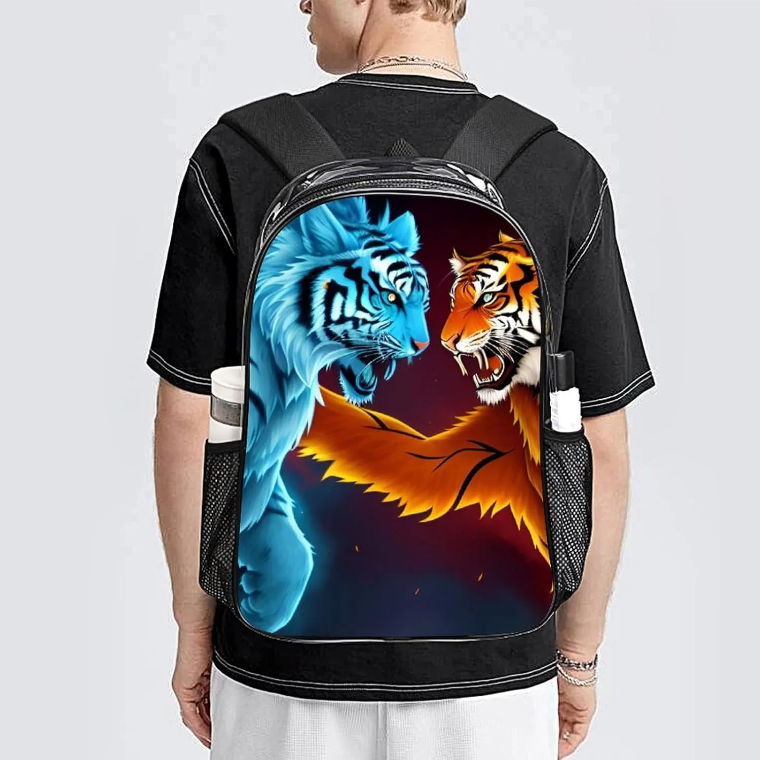 Men Women Transparent Ice And Fire Tiger Art Casual Daypack Large Capacity Carry On Bag With Adjustable Shoulder Straps for Camping Work Running