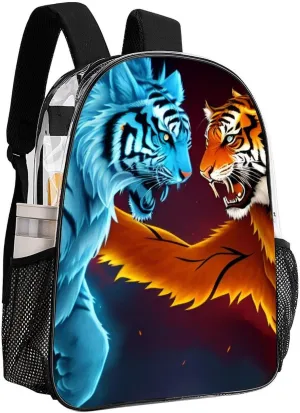 Men Women Transparent Ice And Fire Tiger Art Casual Daypack Large Capacity Carry On Bag With Adjustable Shoulder Straps for Camping Work Running