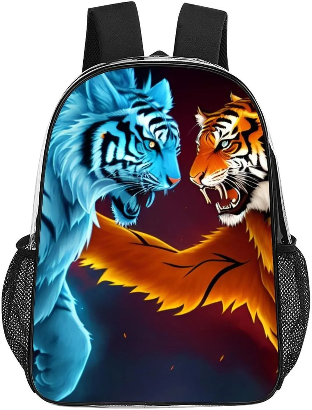 Men Women Transparent Ice And Fire Tiger Art Casual Daypack Large Capacity Carry On Bag With Adjustable Shoulder Straps for Camping Work Running