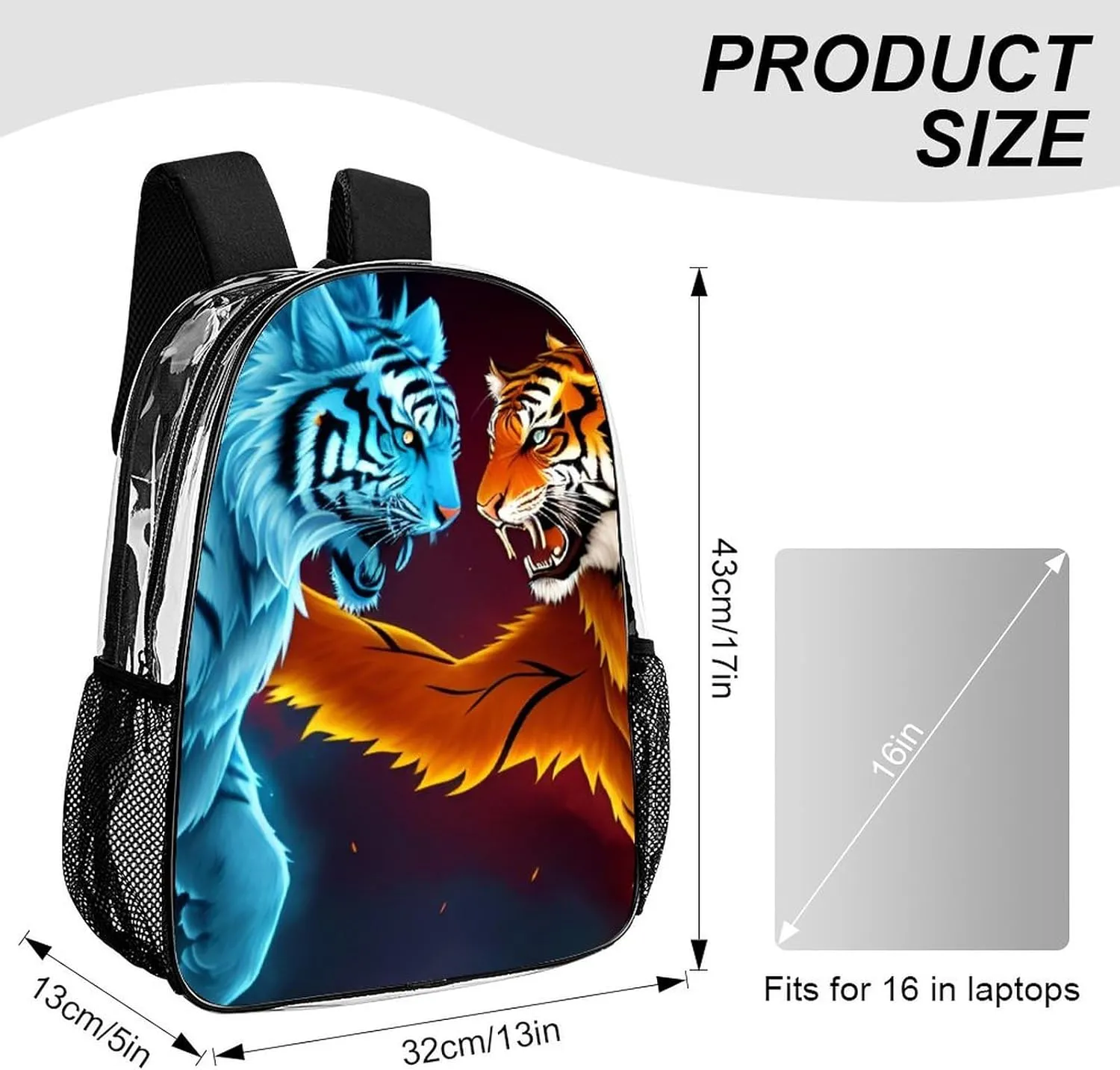 Men Women Transparent Ice And Fire Tiger Art Casual Daypack Large Capacity Carry On Bag With Adjustable Shoulder Straps for Camping Work Running
