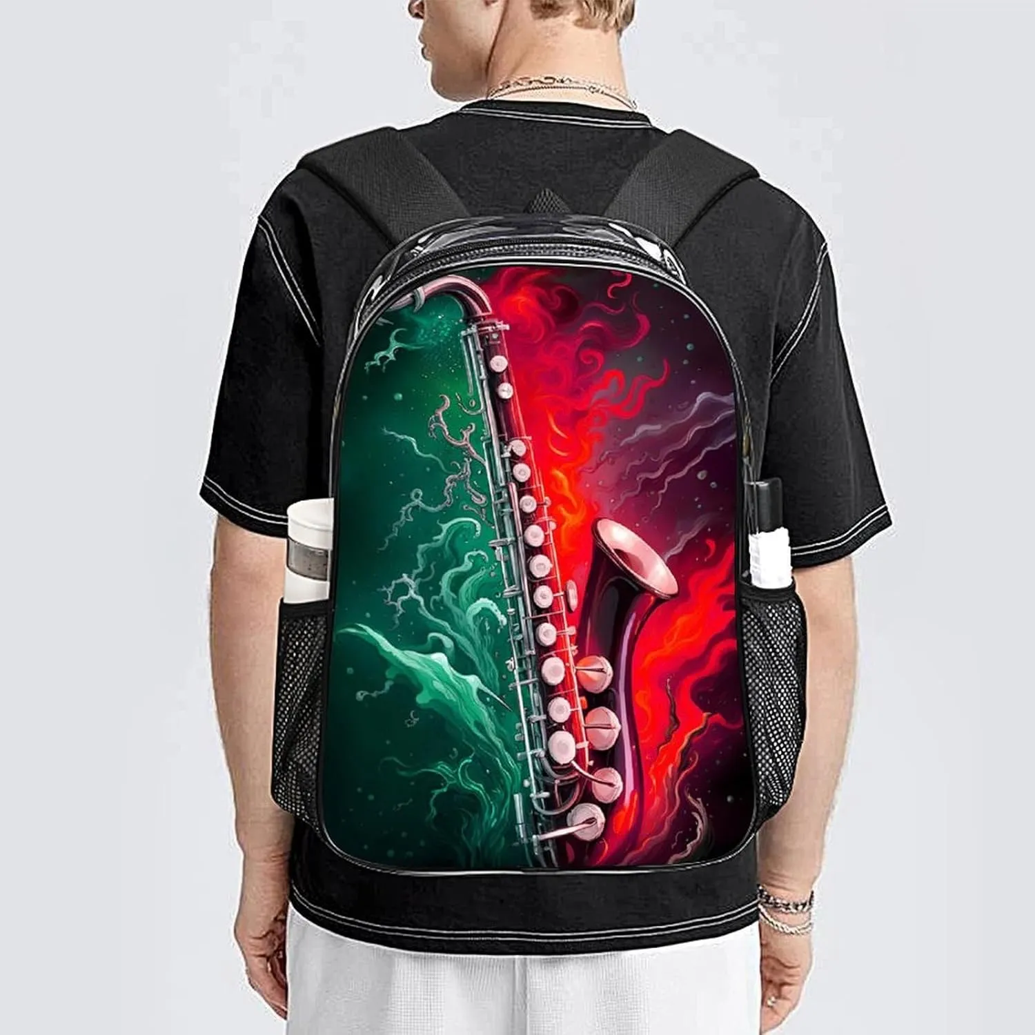 Men Women Transparent Saxophone In Fire And Water Art Daypack Big Capacity Shoulder Bag With Smooth Zippers for Hiking Work Walking Cycling