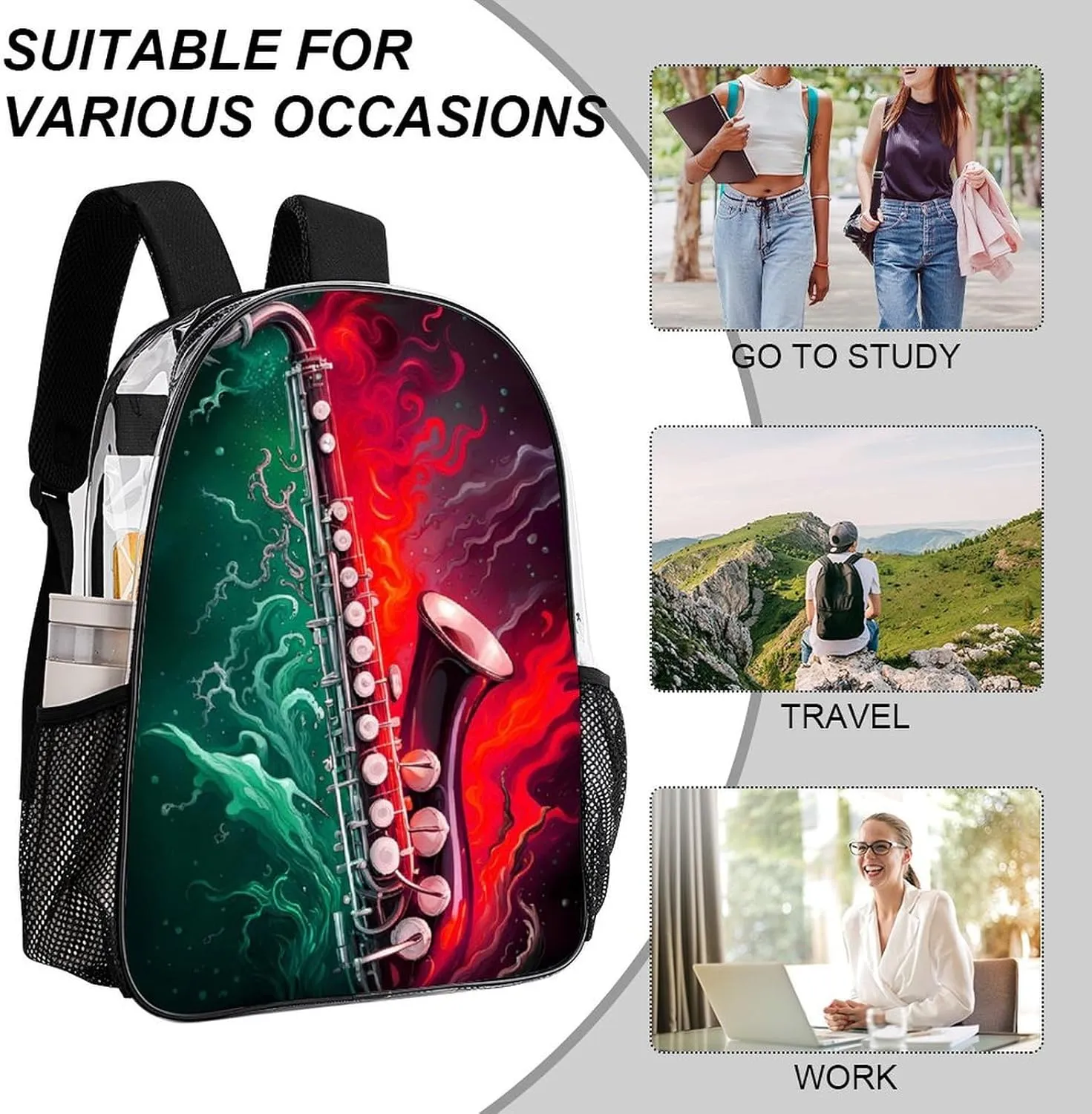 Men Women Transparent Saxophone In Fire And Water Art Daypack Big Capacity Shoulder Bag With Smooth Zippers for Hiking Work Walking Cycling