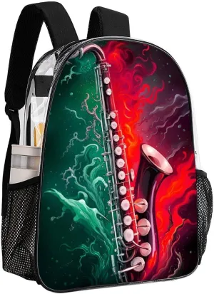 Men Women Transparent Saxophone In Fire And Water Art Daypack Big Capacity Shoulder Bag With Smooth Zippers for Hiking Work Walking Cycling
