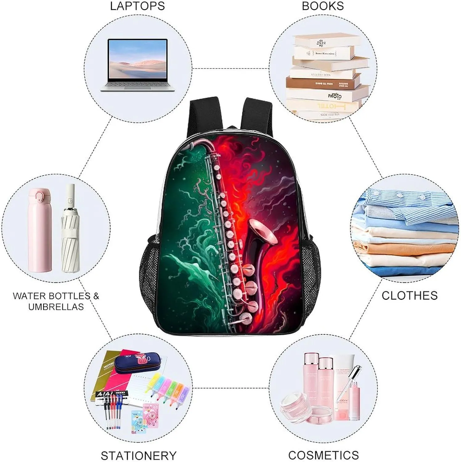 Men Women Transparent Saxophone In Fire And Water Art Daypack Big Capacity Shoulder Bag With Smooth Zippers for Hiking Work Walking Cycling
