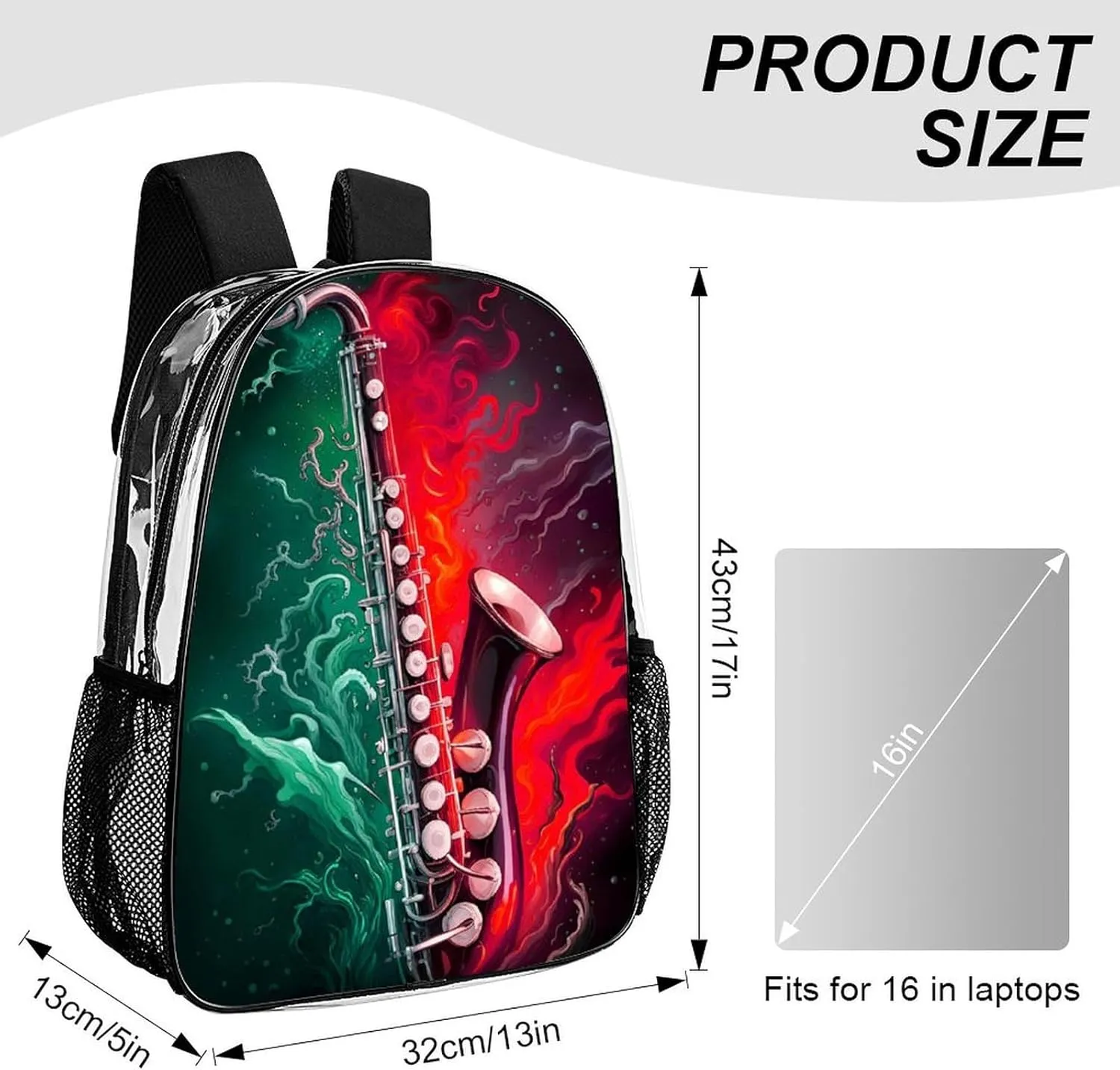 Men Women Transparent Saxophone In Fire And Water Art Daypack Big Capacity Shoulder Bag With Smooth Zippers for Hiking Work Walking Cycling