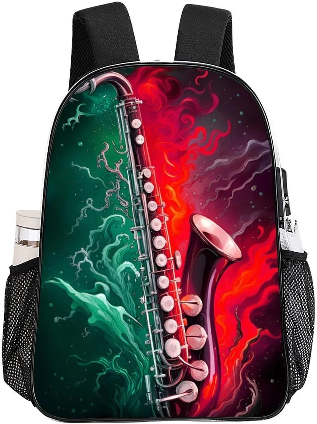 Men Women Transparent Saxophone In Fire And Water Art Daypack Big Capacity Shoulder Bag With Smooth Zippers for Hiking Work Walking Cycling