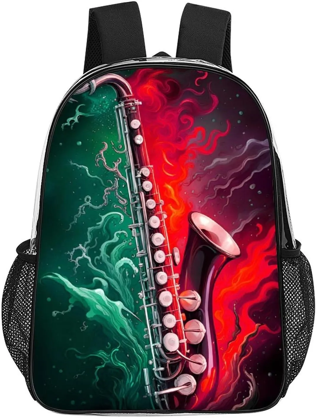 Men Women Transparent Saxophone In Fire And Water Art Daypack Big Capacity Shoulder Bag With Smooth Zippers for Hiking Work Walking Cycling