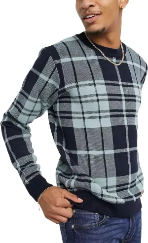 Mens Check Crewneck Sweater Navy Blue