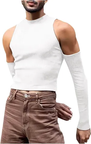 Mens Cold Shoulder Tops,Slim Fit Casual Pullover Skinny Long Sleeve T-Shirt Gay Sexy Crop Tops Mock Neck Tee
