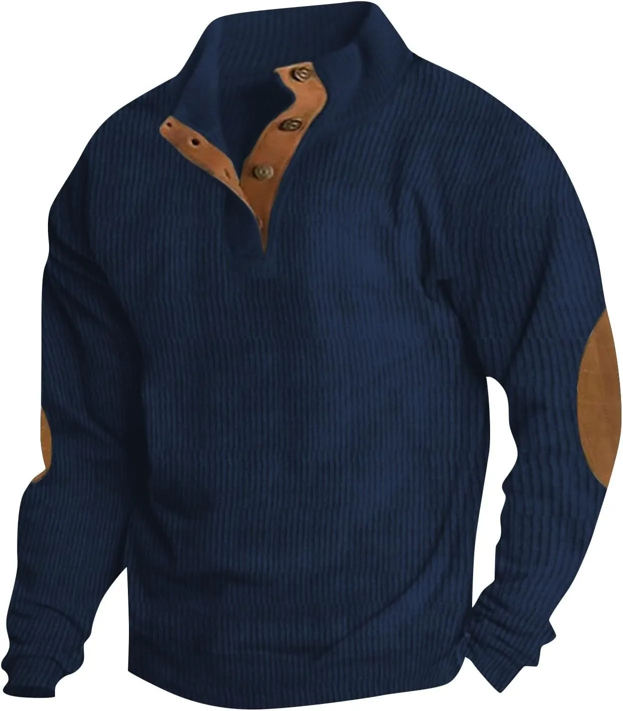 Mens Corduroy Sweater with Elbow Patches Long Sleeve Button Turtleneck Polo Shirts Waffle Knit Sweatshirts