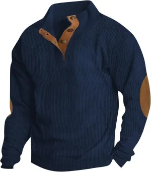 Mens Corduroy Sweater with Elbow Patches Long Sleeve Button Turtleneck Polo Shirts Waffle Knit Sweatshirts