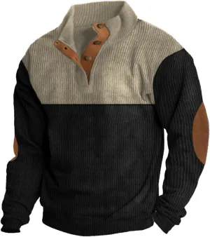 Mens Corduroy Sweater with Elbow Patches Long Sleeve Button Turtleneck Polo Shirts Waffle Knit Sweatshirts