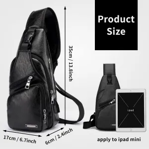 Men's Leather Sling Bag Chest Bag Shoulder Crossbody Purse Waterproof with USB Charge Port Black