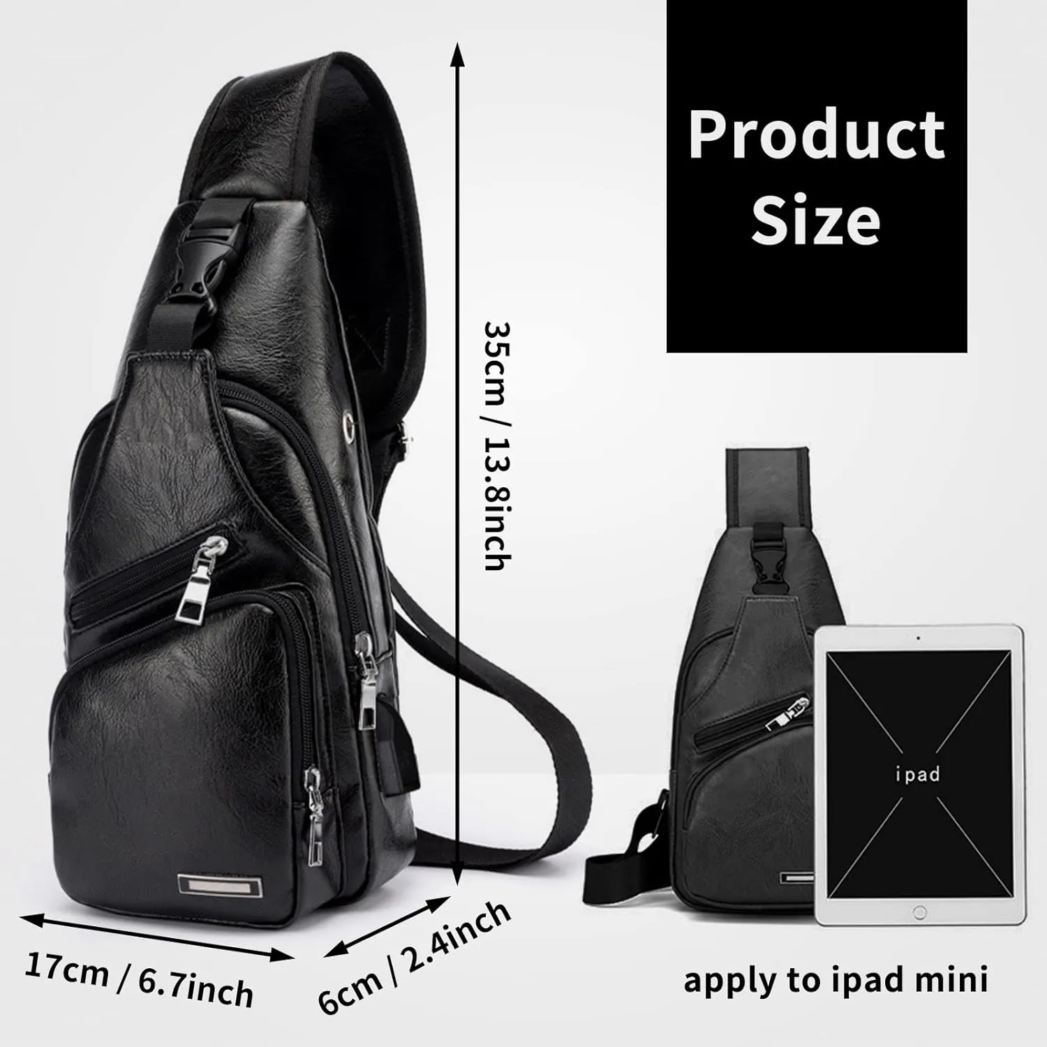 Men's Leather Sling Bag Chest Bag Shoulder Crossbody Purse Waterproof with USB Charge Port Black