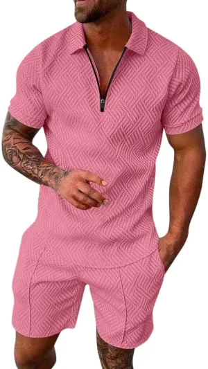 Men's Polo Shirt & Shorts Set, 2 Piece Solid Color Basic Outfits Fashion Summer Tracksuits Short Sleeve Casual Polo Suit