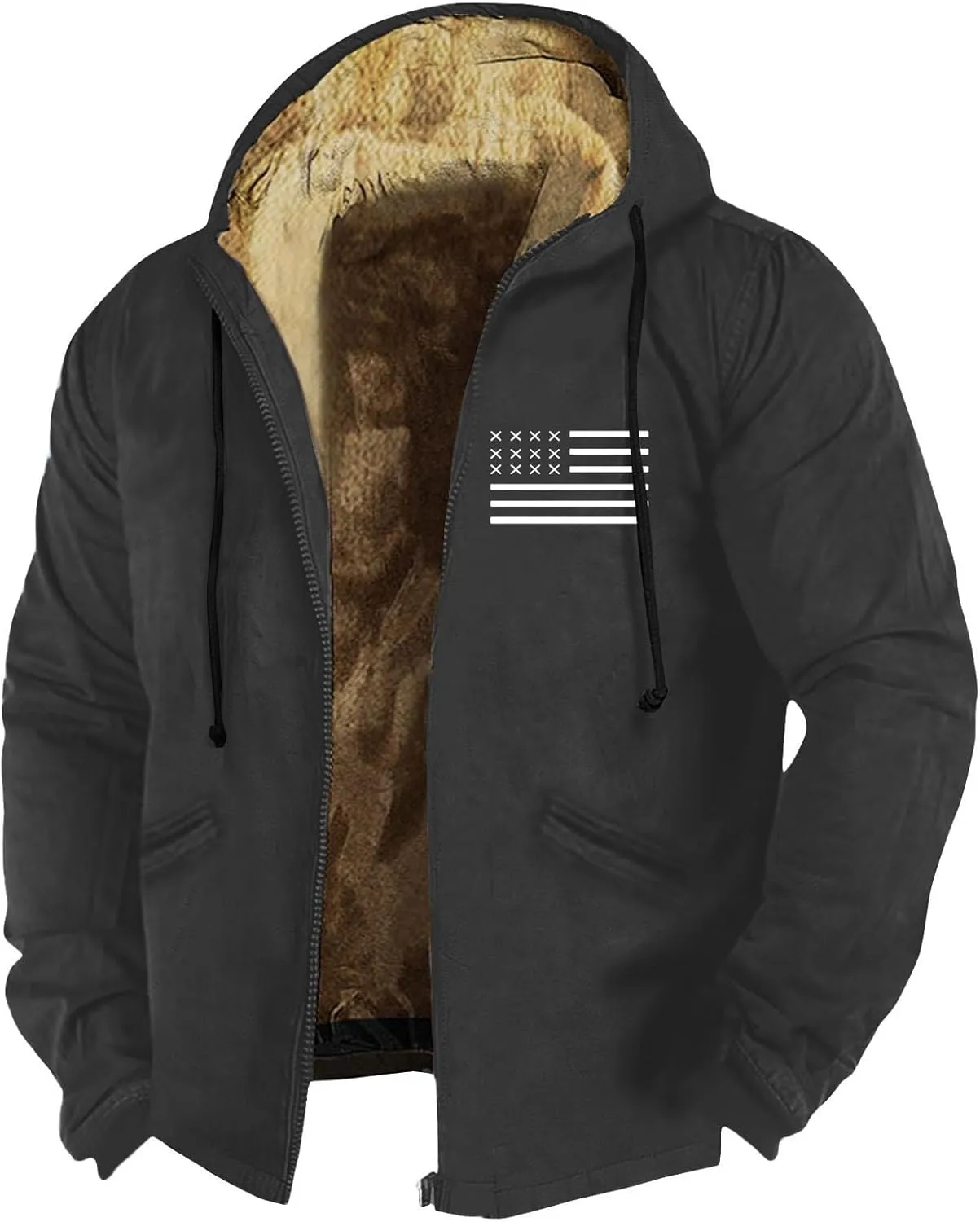 Mens Vintage Fleece Jacket Sherpa Lined Winter Coats Faux Tactical Jackets Casual Zipper Varsity Coat Plus Size