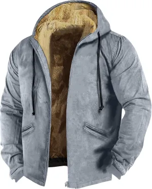 Men's Western Vintage Print Sherpa Fleece Lined Jackets Winter Warm Cozy Outerwear Quilted Down Varsity Coat Hooded