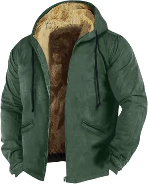 Men's Winter Jacket Zipper Work Cargo Coats Printed Outerwear Hooded Sweatshirt Tops Fleece Sherpa Lined Hoodies