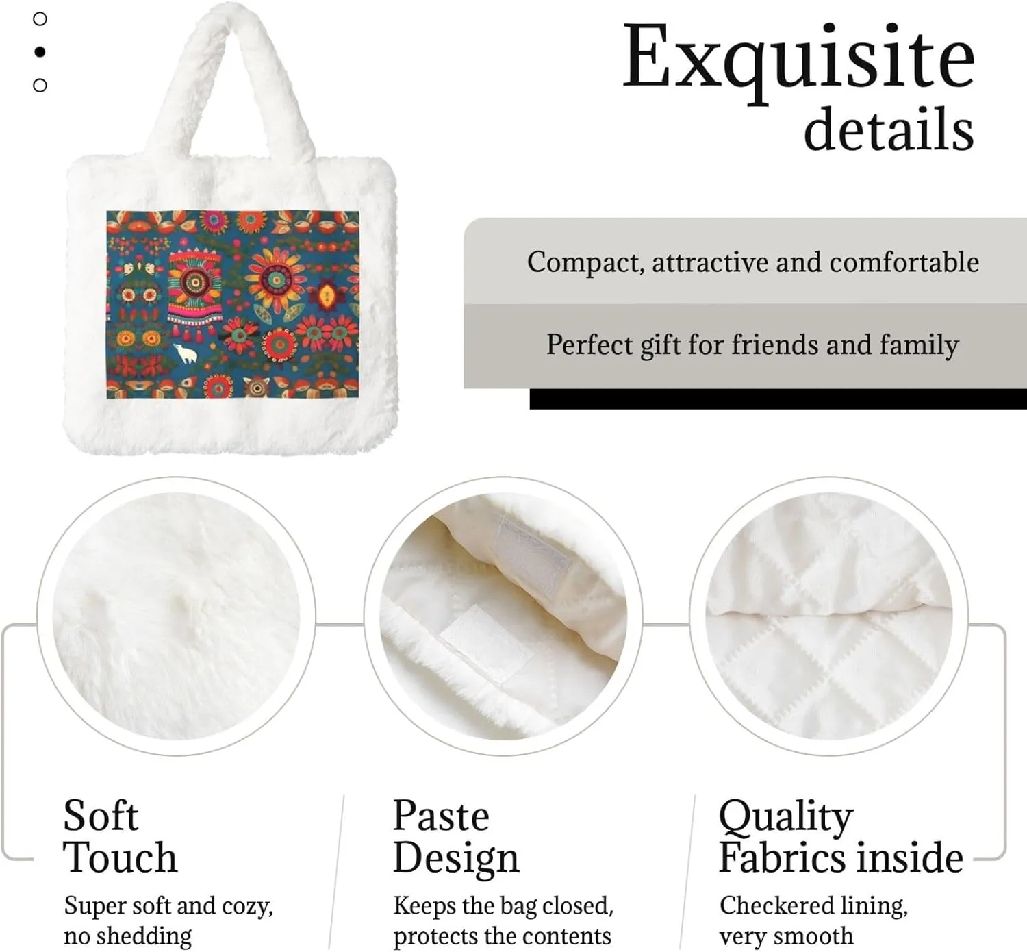 Mexican Folk Art Boho Printing Fluffy Shoulder Bag Ladies Plush Underarm Bag Tote Bag Furry Purse Handbag For Work Travel
